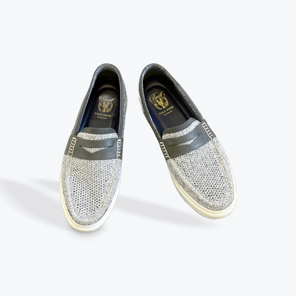 Cole Haan Gray Knit Slip-On Loafers with Navy Trim - Picture 2 of 11